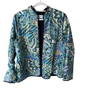 Alfred Dunner Quilted Floral Blue and Green Geometric Blazer Size 10 Fall Cozy